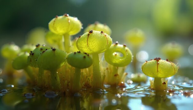 Cluster bladderwort traps emerging water. Aquatic plant nature, vivid green, vibrant flora, wetland. Biodiversity ecosystem closeup. Growth in habitat. Natural light, tranquil scene, wild environment.