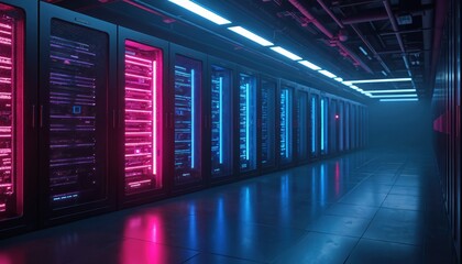 Cyberpunk server room with neon lights. Futuristic data center features glowing servers, infrastructure, dark interior. Perfect for tech, digital, cyberspace projects. Modern innovation high