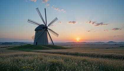 Fototapeta premium Scenic Windmill at Sunset with Rural Landscape and Wheat Fields
