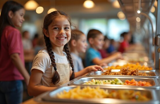 Happy children at school cafeteria, enjoying lunch. Smiling girl with pigtails chooses food from buffet. Healthy eating, balanced meal for kids. School canteen food, food service. Kids eating