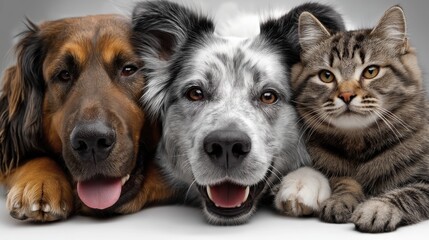 Collection of domestic pets including playful dogs and a curious cat sitting closely together on a neutral background