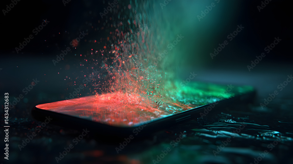 Poster tech transformation: a smartphone sits centered against a dark backdrop, enveloped by a vibrant disp