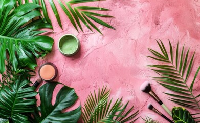 Beauty make up cosmetic women products accessories in line row on pink flat lay background, cheap discount commercial retail sale offer online purchase, top view above copy space, makeup wide banner