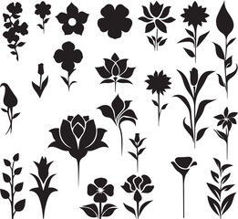 Set of Black and White Decorative Flower Silhouettes