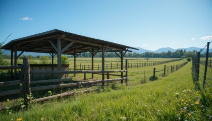 Fototapeta premium Serene Rural Landscape with Barn and Fenced Pasture in Daylight