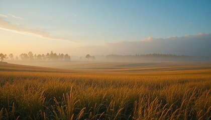 Fototapeta premium Serene Misty Landscape at Sunrise Over Golden Grass Fields