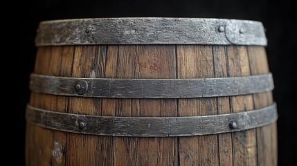 Wooden barrel with metal bands showcasing rustic craftsmanship and time-worn character in a dark background