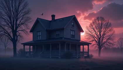 Dark Haunted House Digital Painting At Twilight With Bare Trees Representing Eerie Mystery