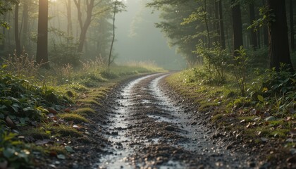 Fototapeta premium Serene Forest Pathway in Soft Morning Light and Dewy Atmosphere