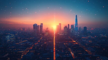 Fototapeta premium London Skyline at Sunset with Illuminated Buildings and Starry S