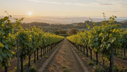 Fototapeta premium Scenic Vineyard Landscape at Sunset with Glowing Horizon and Rows