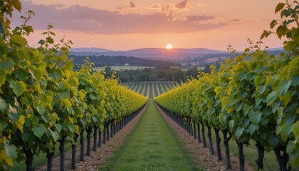 Fototapeta premium Serene Vineyard Landscape at Sunset with Rows of Green Vines