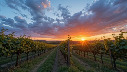 Majestic Vineyards at Sunset with Colorful Sky and Clouds