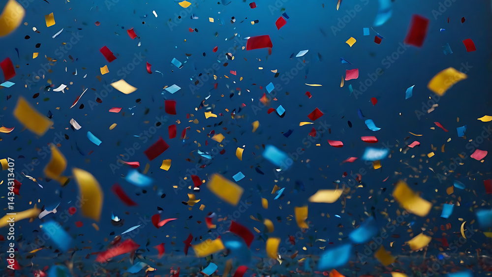 Poster confetti drifting across a moody blue backdrop with soft focus and minimal contrast in background