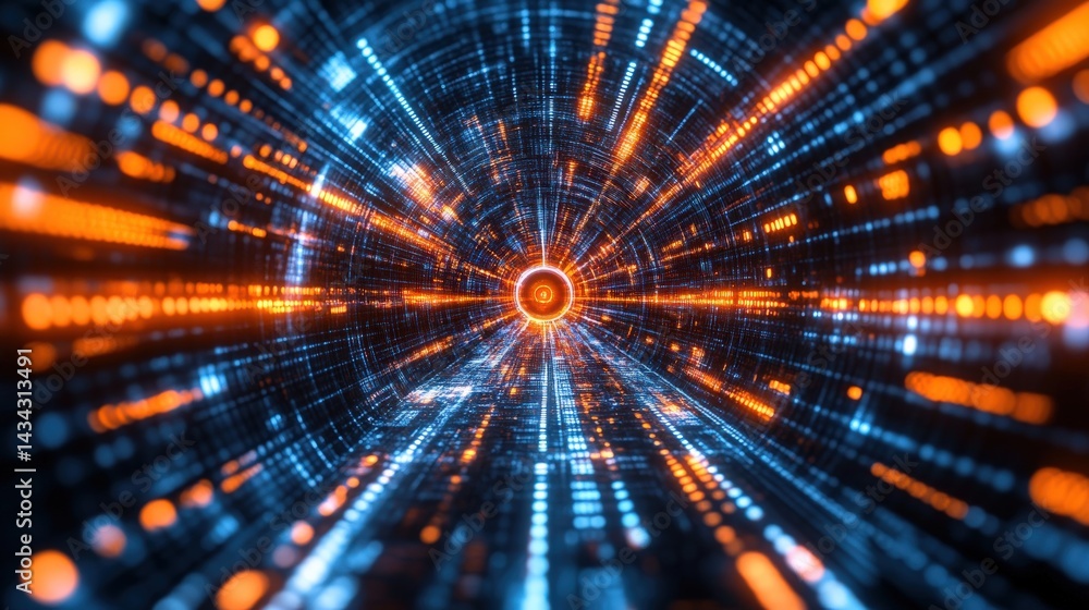 Poster digital tunnel of light and code