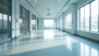 Blurred interior of modern hospital. Empty hall, corridor with windows, office room. Medical facility background. Clean white colors, building architecture, health care, workplace. No people,