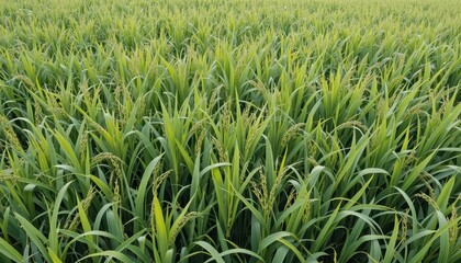 Fototapeta premium Lush Green Rice Field Under Bright Sky in Agricultural Landscape