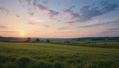 Fototapeta premium Serene Sunset Over Rolling Green Hills and Expansive Sky