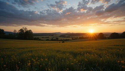 Fototapeta premium Golden Sunset Over Rolling Hills and Lush Green Fields