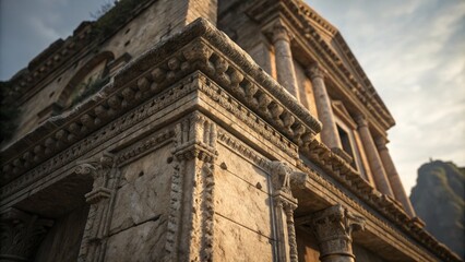 Obraz premium Ancient Temple Corner Low-Angle View, Stone Texture, Ornate Architecture, Ruins , Heritage