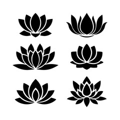 Lotus flowers. Black silhouettes of lotuses isolated on a white background. Set of vector illustrations. Set of Lotus Flower Vector. Flower graphic vector icon of Buddhism religion
