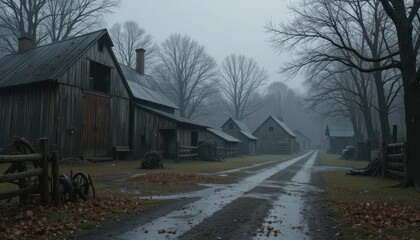 Obraz premium Serene Rural Landscape with Rustic Barns and Foggy Atmosphere