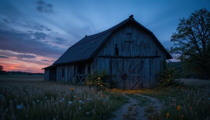 Fototapeta premium Serene Barn Under Twilight Sky with Wildflowers in Foreground