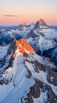 Aerial view of snow covered mountains with sharp peaks at golden hour