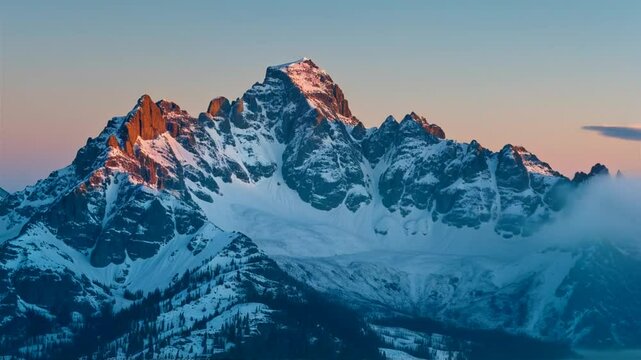 Aerial view of snow covered mountains with sharp peaks at sunset, timelapse video