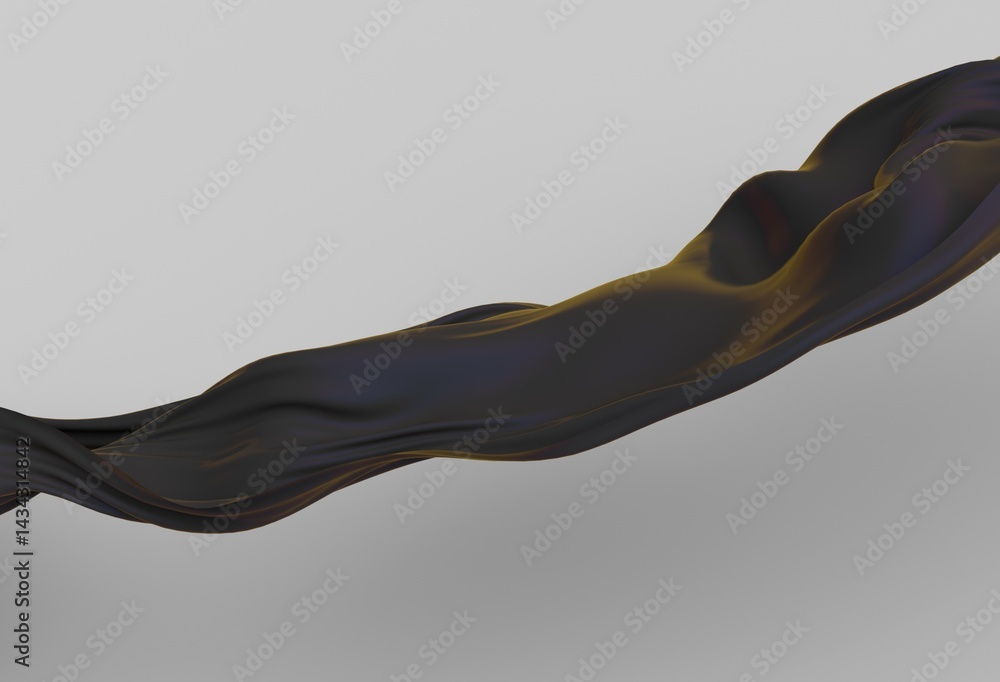 Poster minimal 3d illustration featuring a flowing, glossy black fabric-like wave on a light background. th