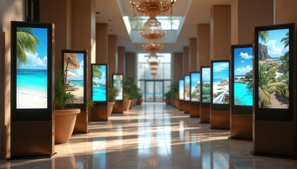 Hotel lobby features modern digital signage displays. Vertical screens showcase travel destinations, tourist info. Interior design includes potted plants, marble flooring, luxury hotel atmosphere.