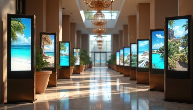 Hotel lobby features modern digital signage displays. Vertical screens showcase travel destinations, tourist info. Interior design includes potted plants, marble flooring, luxury hotel atmosphere.