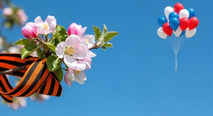 St. George's ribbon tied to apple tree branch with balloons against blue sky