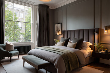 Fototapeta premium A luxurious master bedroom with moody lighting, elegant furnishings, and plush textures.