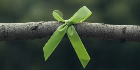 memorial tree display, sharp textures and natural lighting showcase a green ribbon tied to a memorial tree branch, against a soft-focus remembrance background
