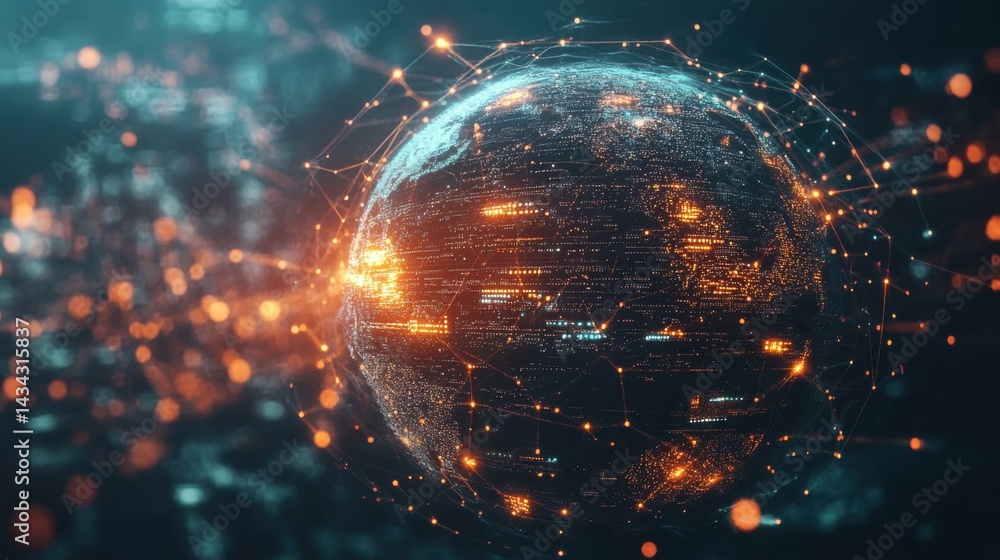 Poster futuristic globe with digital connections, a detailed 3d render of a glowing globe showing digital c