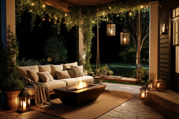 Fototapeta premium A cozy porch setup with soft lights, comfortable seating, and a welcoming fire pit.