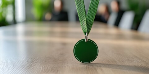 event badge photography, sharp detail on text and green elements of a ptsd awareness badgelanyard on table, blurred group of people in background