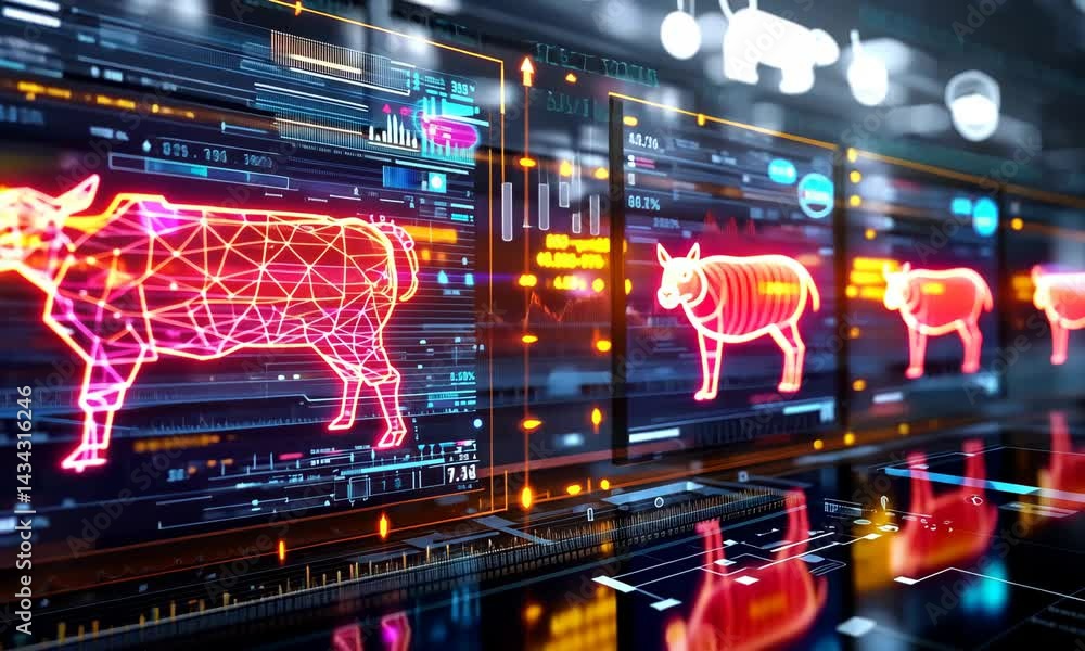 Poster futuristic digital animal analysis in hightech laboratory with neon holograms and data visualization