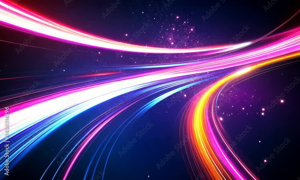 Poster dynamic neon light trails converge in vivid abstract space animation