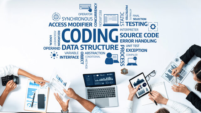 Engaging collaborative coding session on data structure and testing. Features charts, laptop, and diverse tools on a bright workspace ideal for teamwork and education. Amity