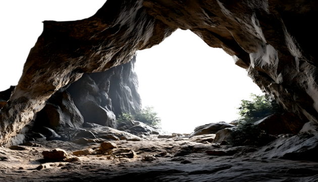 cave opening, mysterious den entrance in bright light, isolated on a transparent background. PNG, cutout, or clipping path.