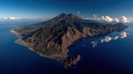 Naklejka premium An aerial view showcases the majestic mountain peak rising above a vast island, with stunning blue waters reflecting the sky under clear daylight conditions.
