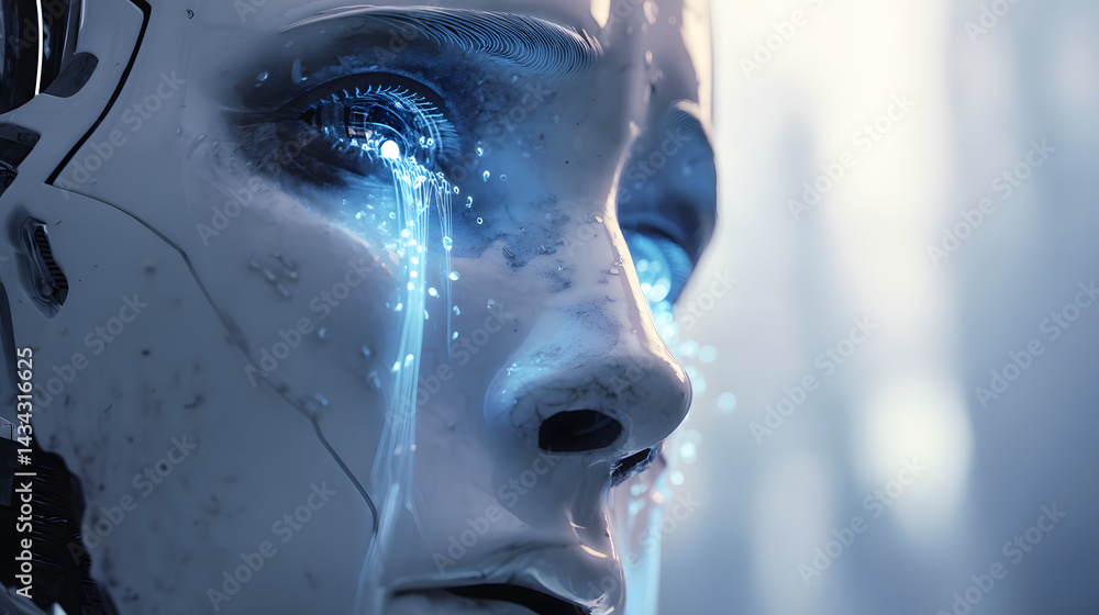 Poster cyber tears: an evocative image of a futuristic android shedding tears of glowing light, evoking a s