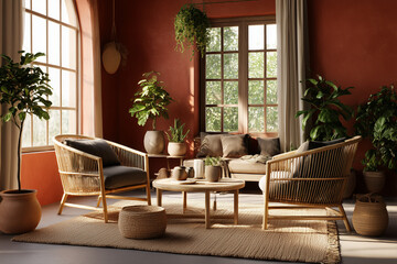 A cozy, earthy-toned living room with bohemian decor and sustainable rattan furniture.