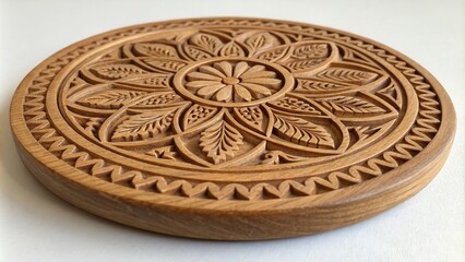 Fototapeta premium Circular carved wood panel, floral design, leaves and zigzags, natural wood, carving , art