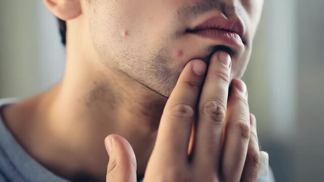 Young male experiencing skin irritation, nervously touching inflamed pimple on chin, revealing dermatological struggle related to stress and hormonal changes