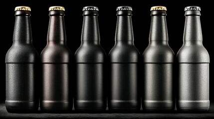 Row of beer bottles in varying hues on dark backdrop