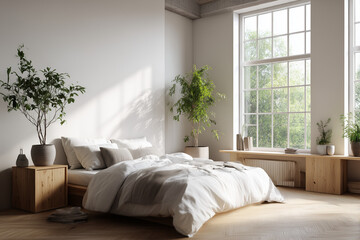 Fototapeta premium A bright minimalist bedroom with indoor plants, a large window, and clean white bedding.