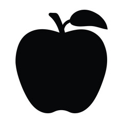 Solid Black Apple Silhouette with Leaf and Stem on White Background